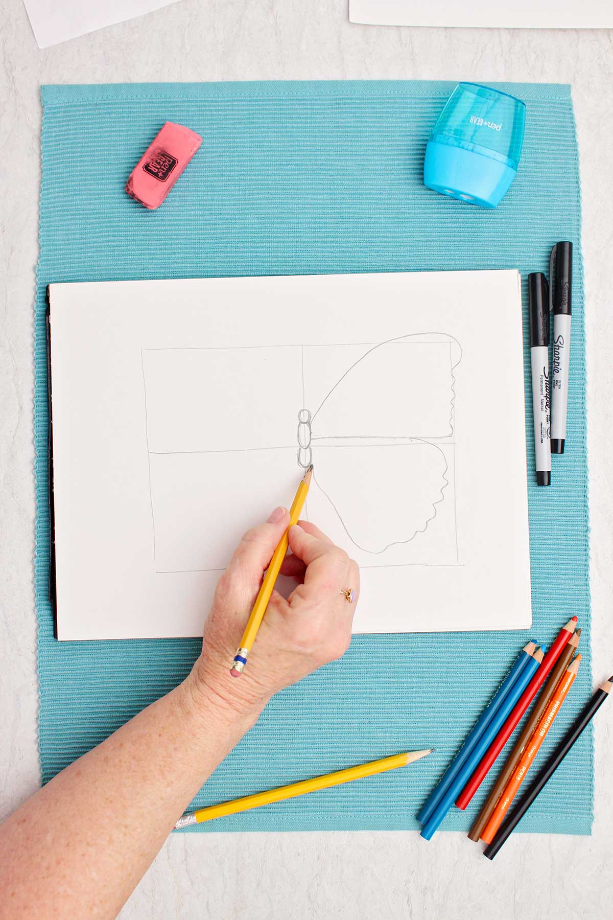 Person drawing the bottom right wing quadrant of a butterfly drawing.