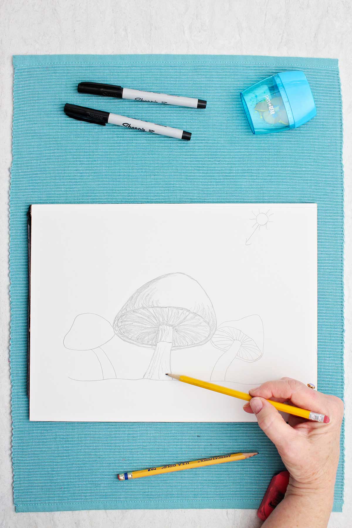 A pencil sketch of a mushroom, shading being added