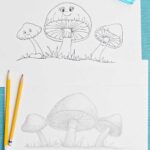 A mushroom drawing in two different styles with pencils and pens