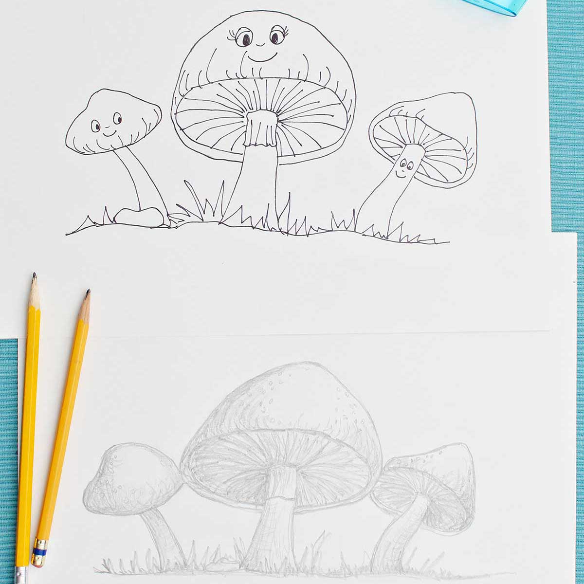 A mushroom drawing in two different styles with pencils and pens