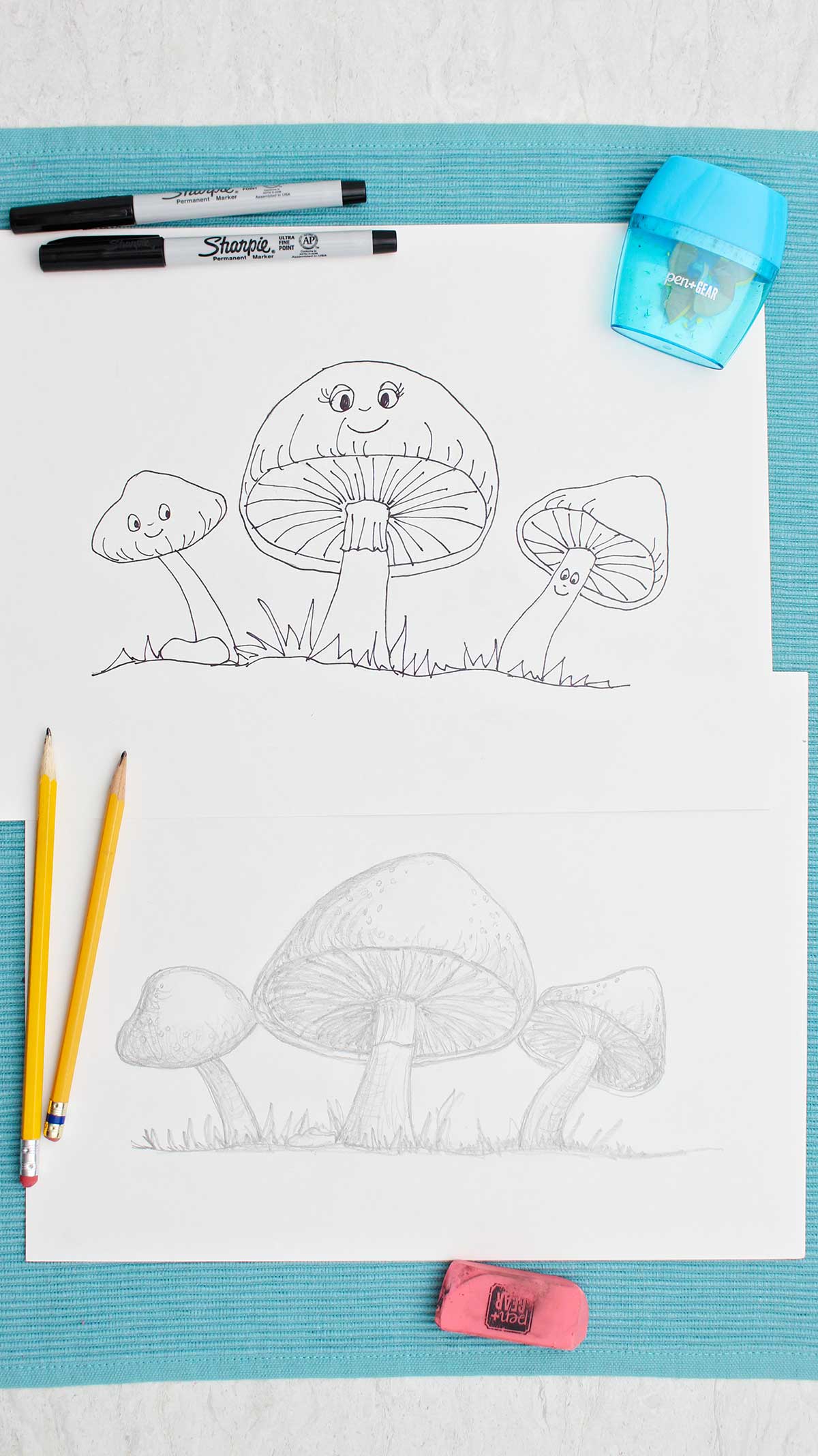 A mushroom drawing in two different styles with pencils and pens