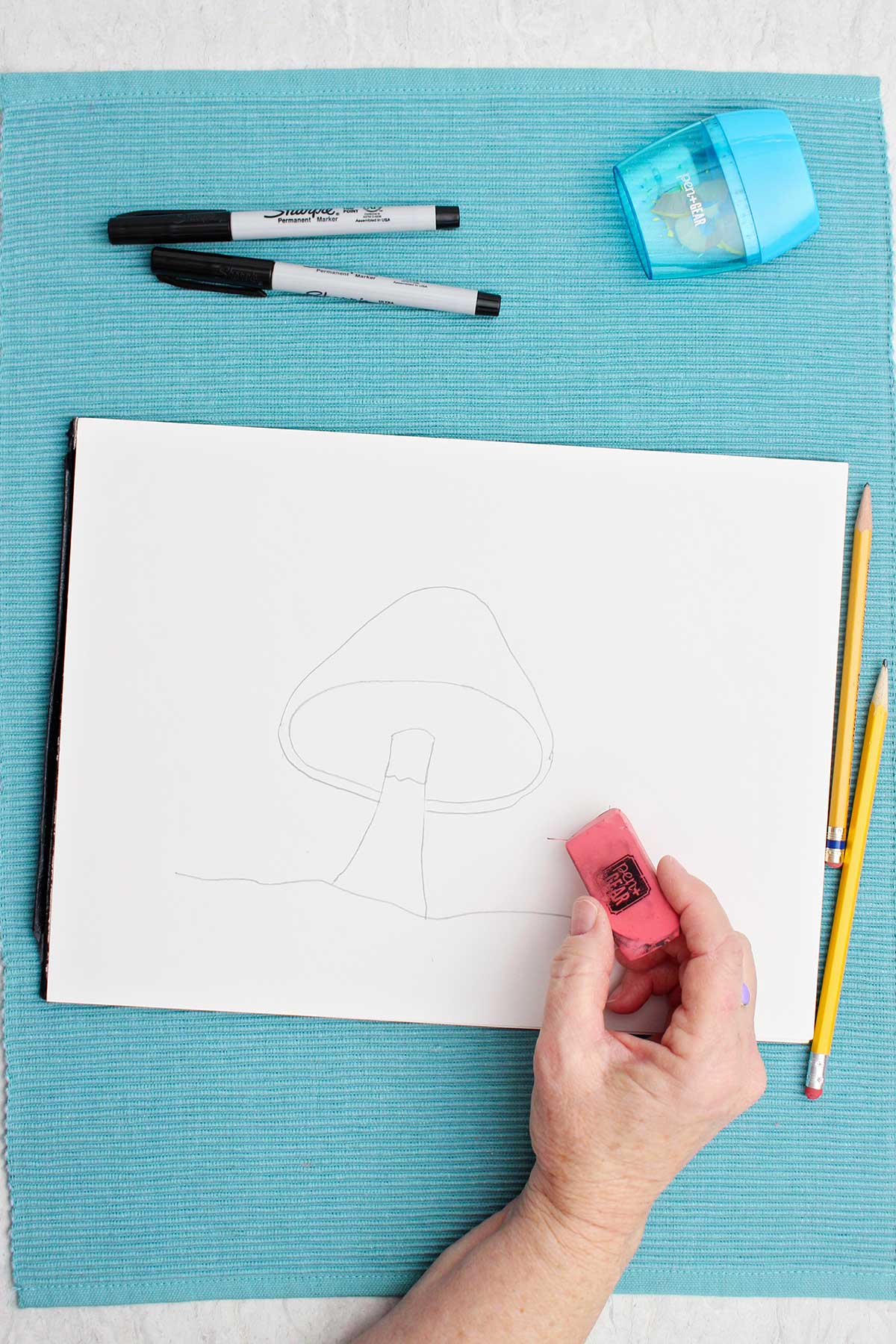 An artist erasing lines from a mushroom drawing on a piece of paper