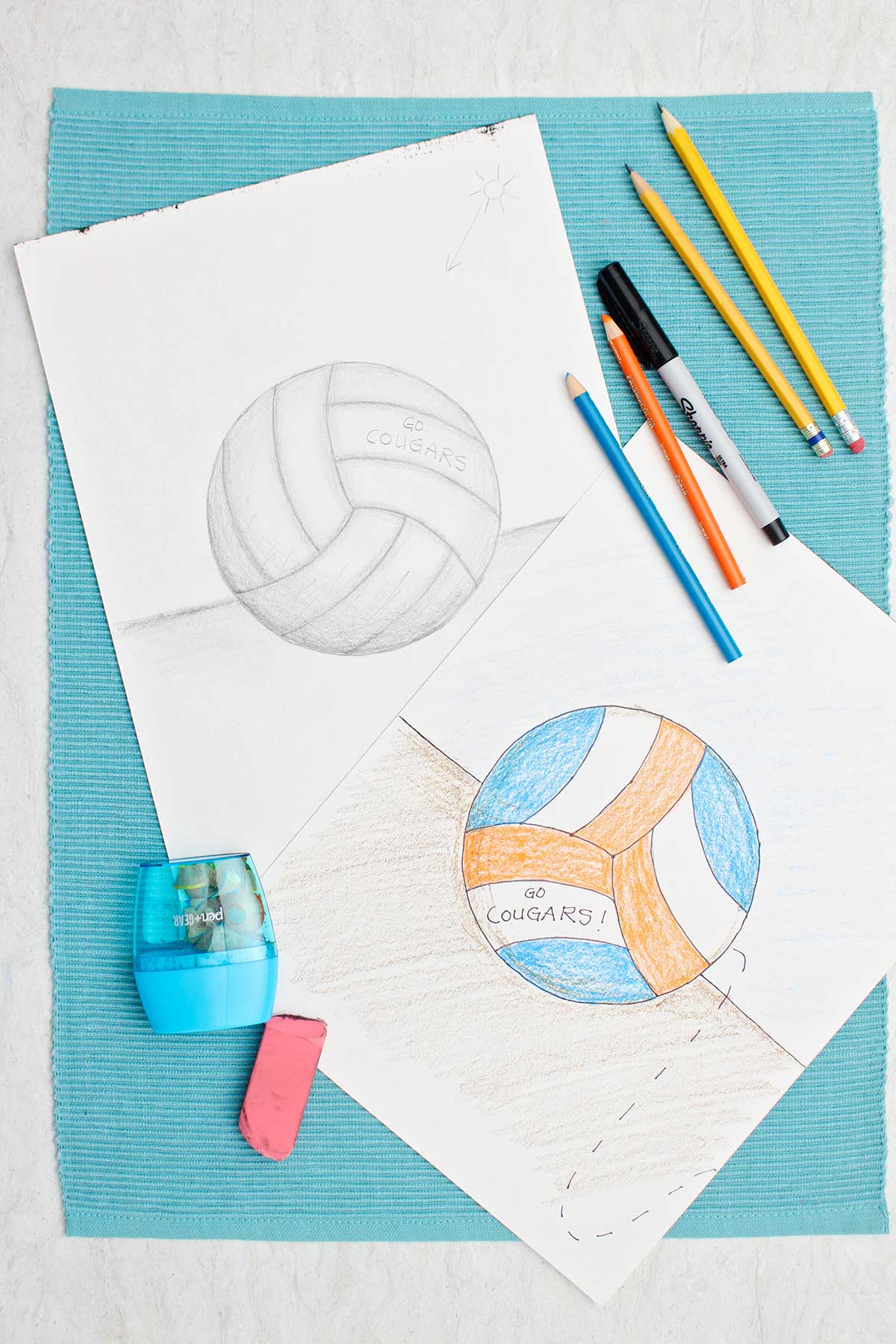 Two drawings of a volleyball. One in pencil with shading and one colored in with blue and orange colored pencil.