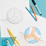 Two drawings of a volleyball. One in pencil with shading and one colored in with blue and orange colored pencil.