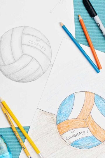 Two drawings of a volleyball. One in pencil with shading and one colored in with blue and orange colored pencil.