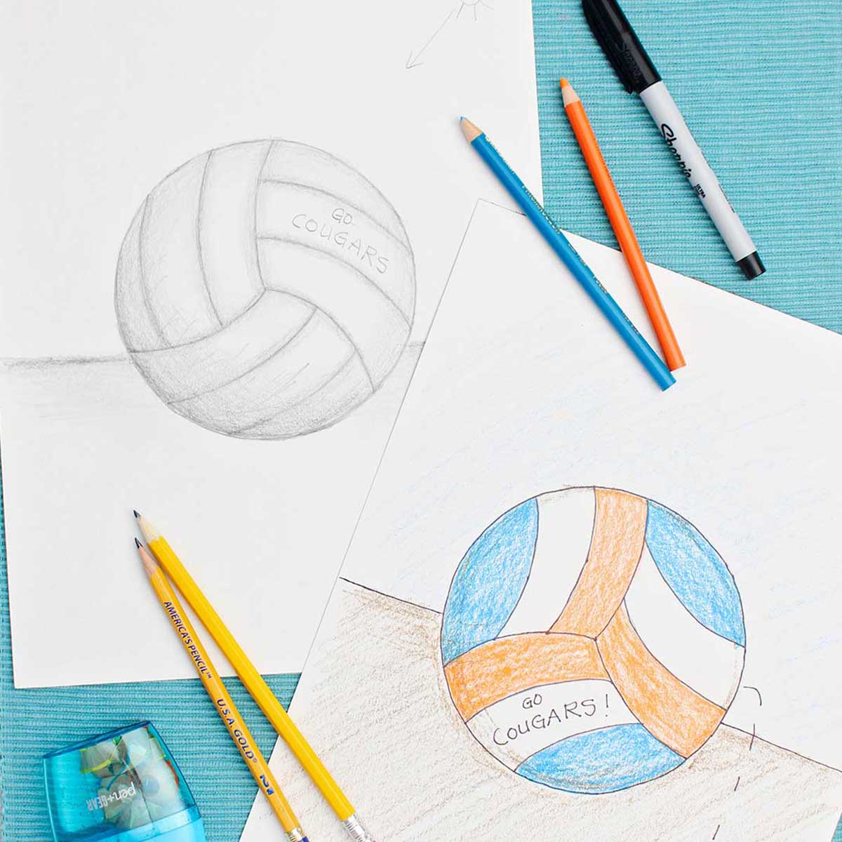 Two drawings of a volleyball. One in pencil with shading and one colored in with blue and orange colored pencil.
