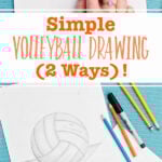 An image of a person blending shading on a volleyball with their finger and an image of two different drawings of a volleyball. One pencil and one colored in.