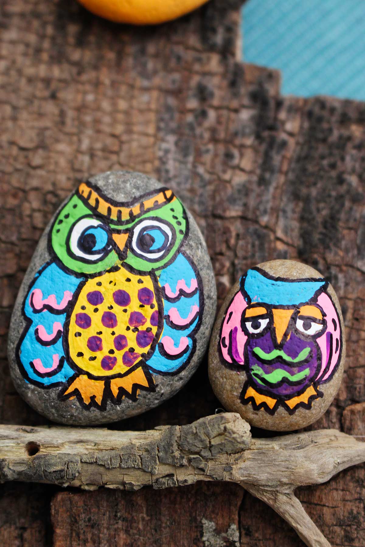 Close up of two colorfully painted owl rocks on a branch attached to a piece of wood.