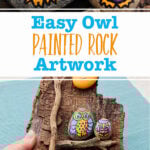 Two images of painted rocks of colorful owls, some sitting on branches on a wooden background.