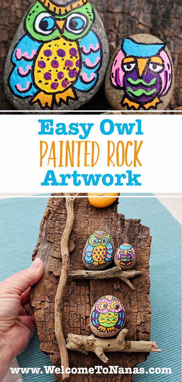 Two images of painted rocks of colorful owls, some sitting on branches on a wooden background.