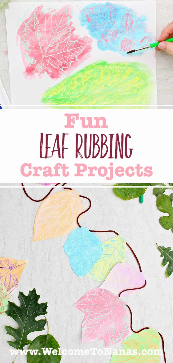 One image of a completed leaf rubbing garland and an image of a person watercoloring over leaf rubbings.