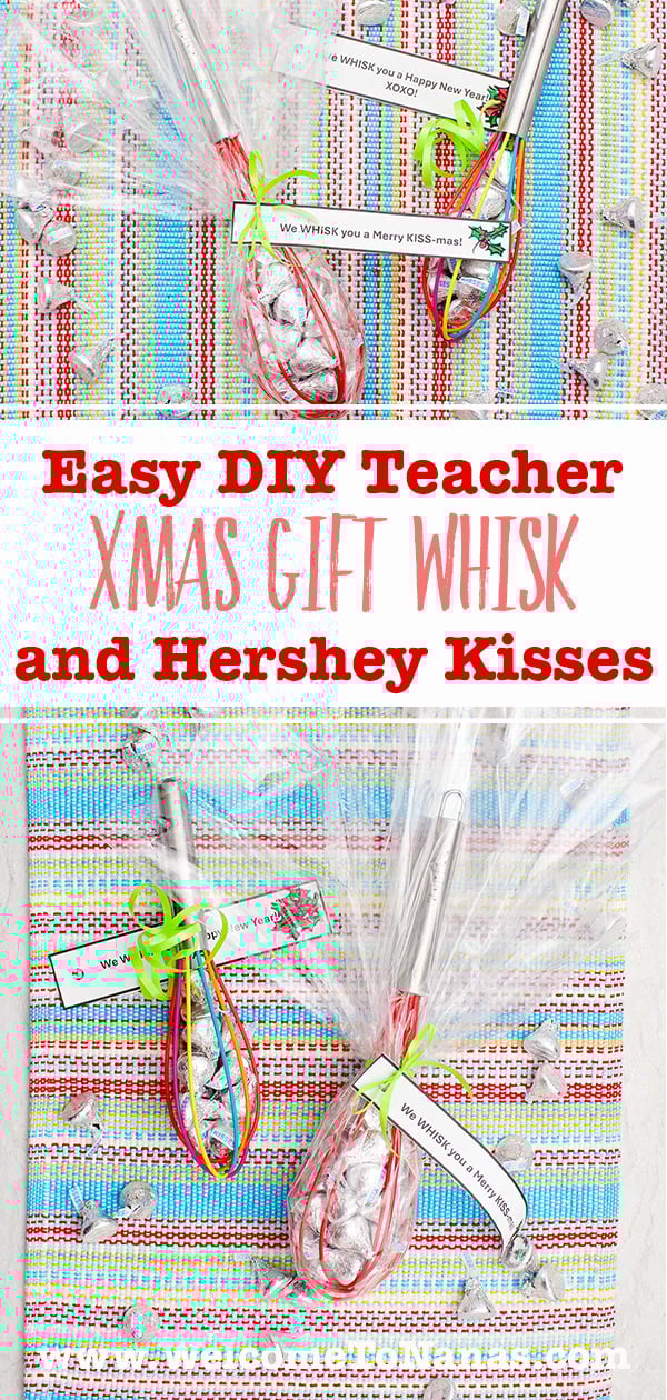 Images of finished colorful whisks full of Hershey Kiss candy and a sweet note.