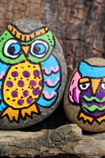 Close up of two colorfully painted owl rocks on a branch attached to a piece of wood.