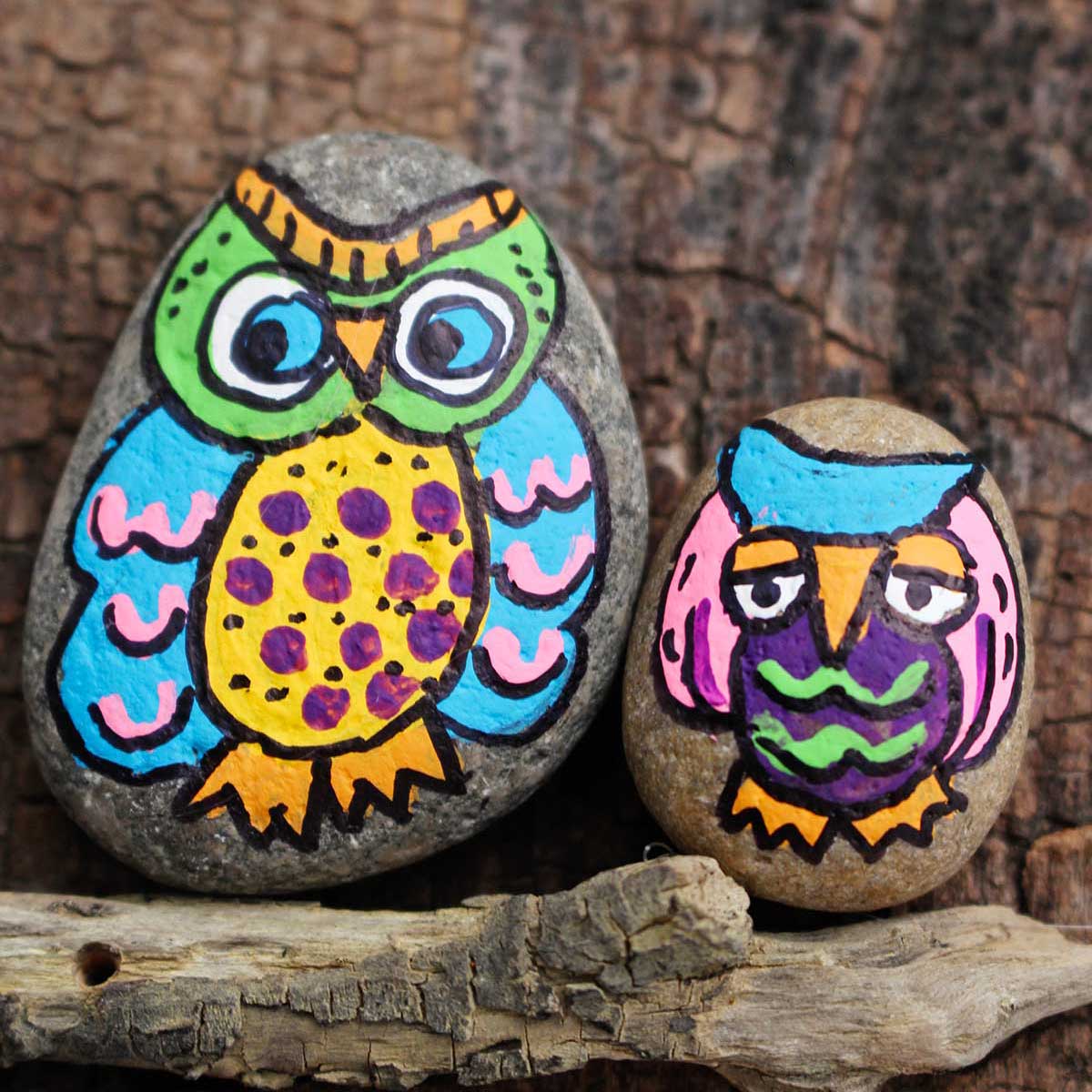 Close up of two colorfully painted owl rocks on a branch attached to a piece of wood.