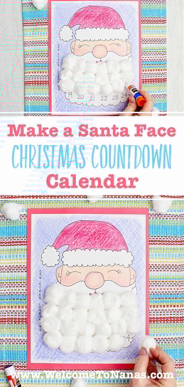 Two images of colored Santa calendar countdowns. One with a person putting some glue on a date and one sticking a cotton ball to Santa's beard.