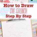 A colored in and a pencil sketch of the Grinch in a Santa outfit.