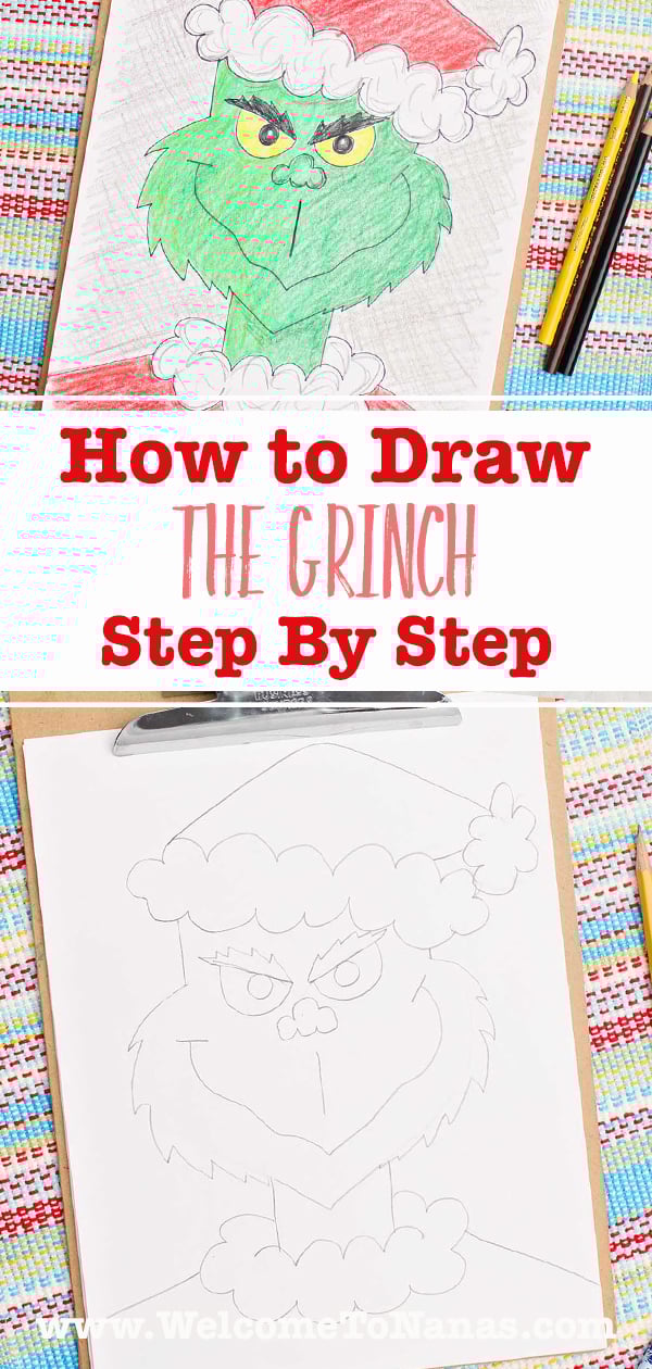A colored in and a pencil sketch of the Grinch in a Santa outfit.