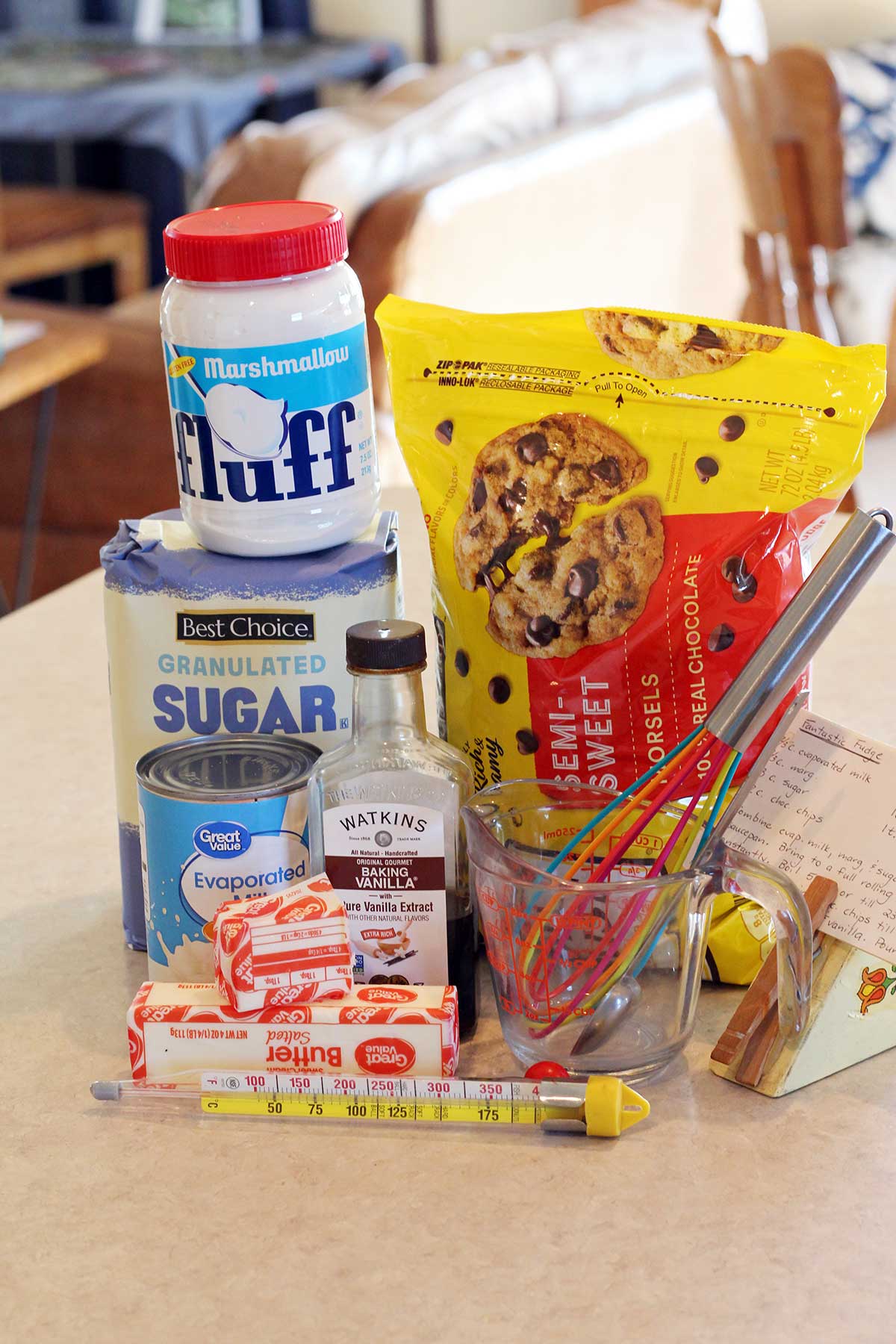 Ingredients for never fail fudge on a countertop.