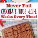 An image of an 8x8 pan of fudge being cut and an image of a person picking up a piece of fudge off of a festive plate.