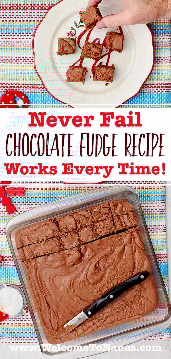 An image of an 8x8 pan of fudge being cut and an image of a person picking up a piece of fudge off of a festive plate.