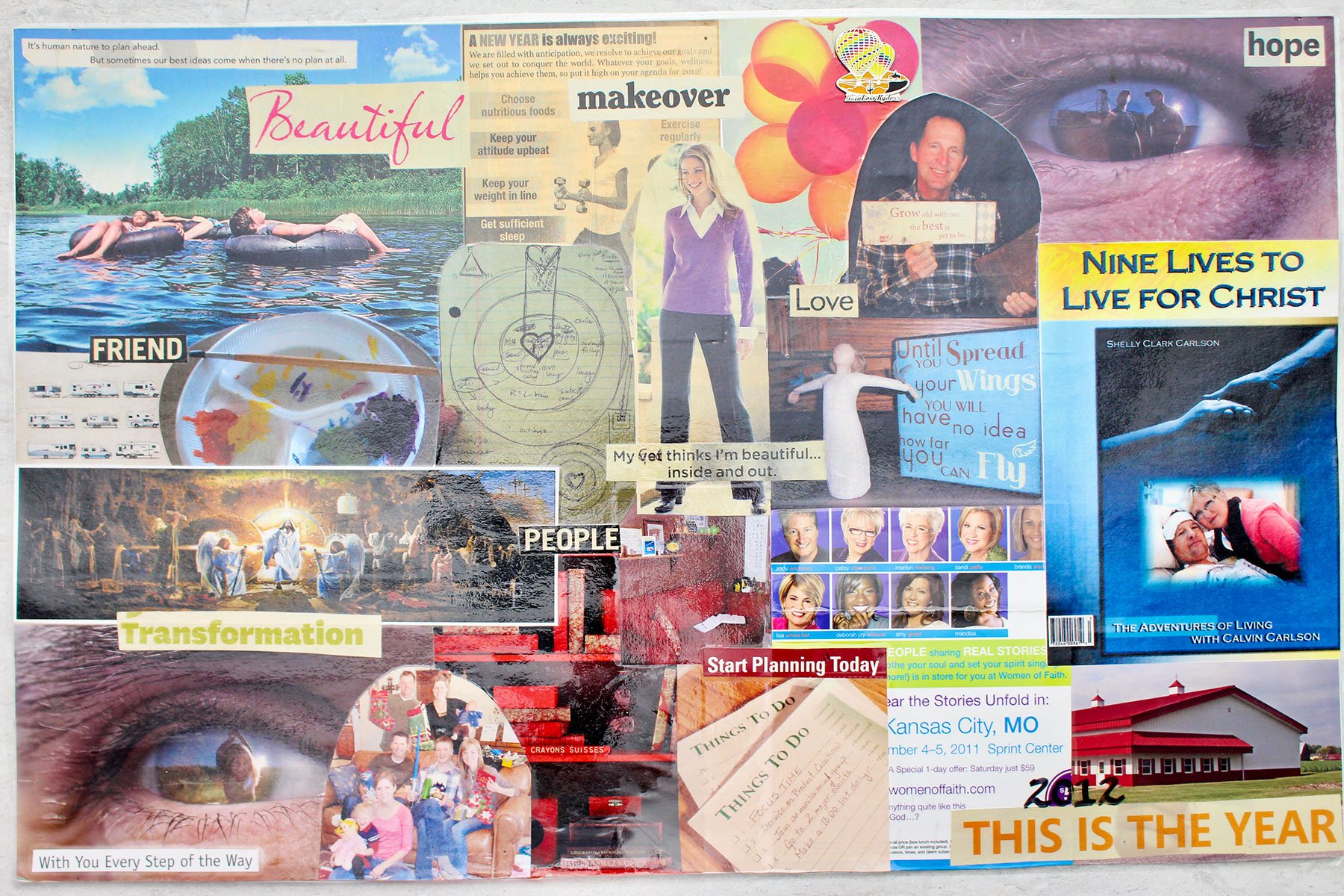 A vision board with themes of faith, creativity and inspiration.