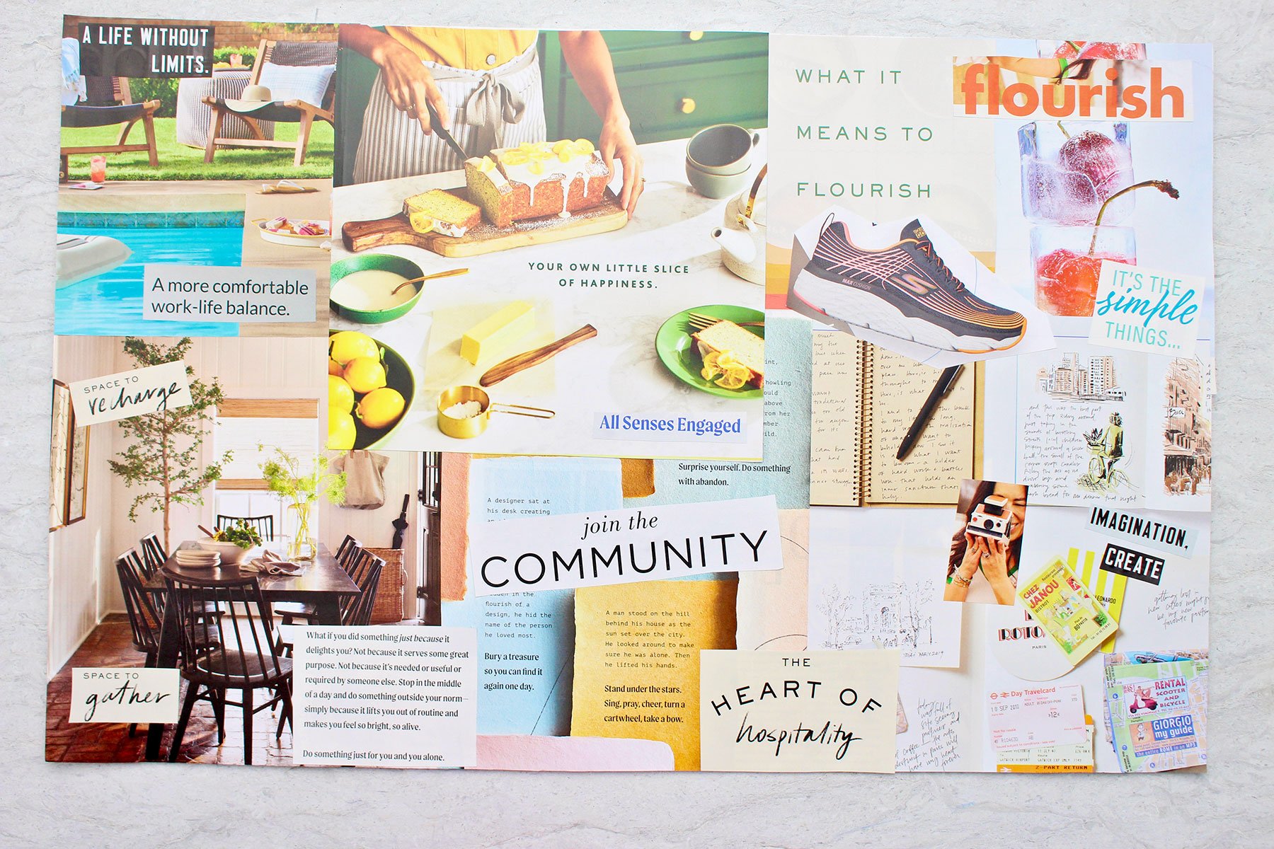 A vision board full of bright fresh colors with bold words and photos.