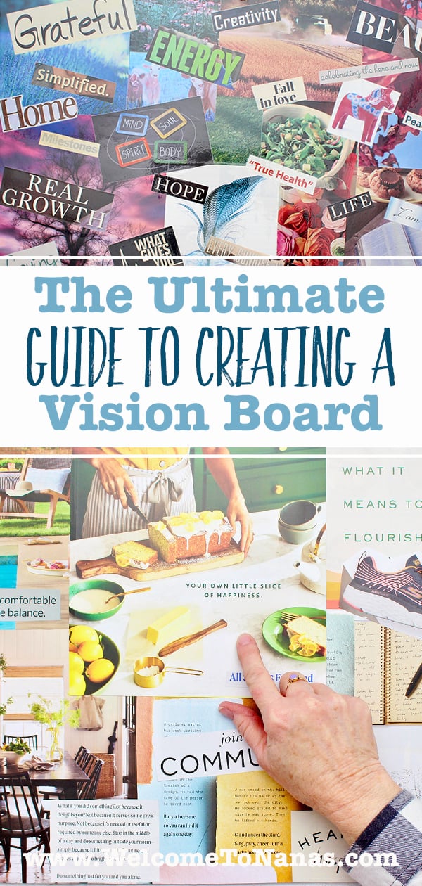 Two images of complete vision boards made with magazine clippings.