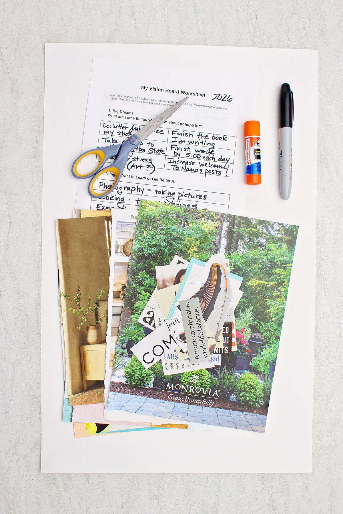 Some magazine scraps, scissors, glue stick, marker and a vision board worksheet.