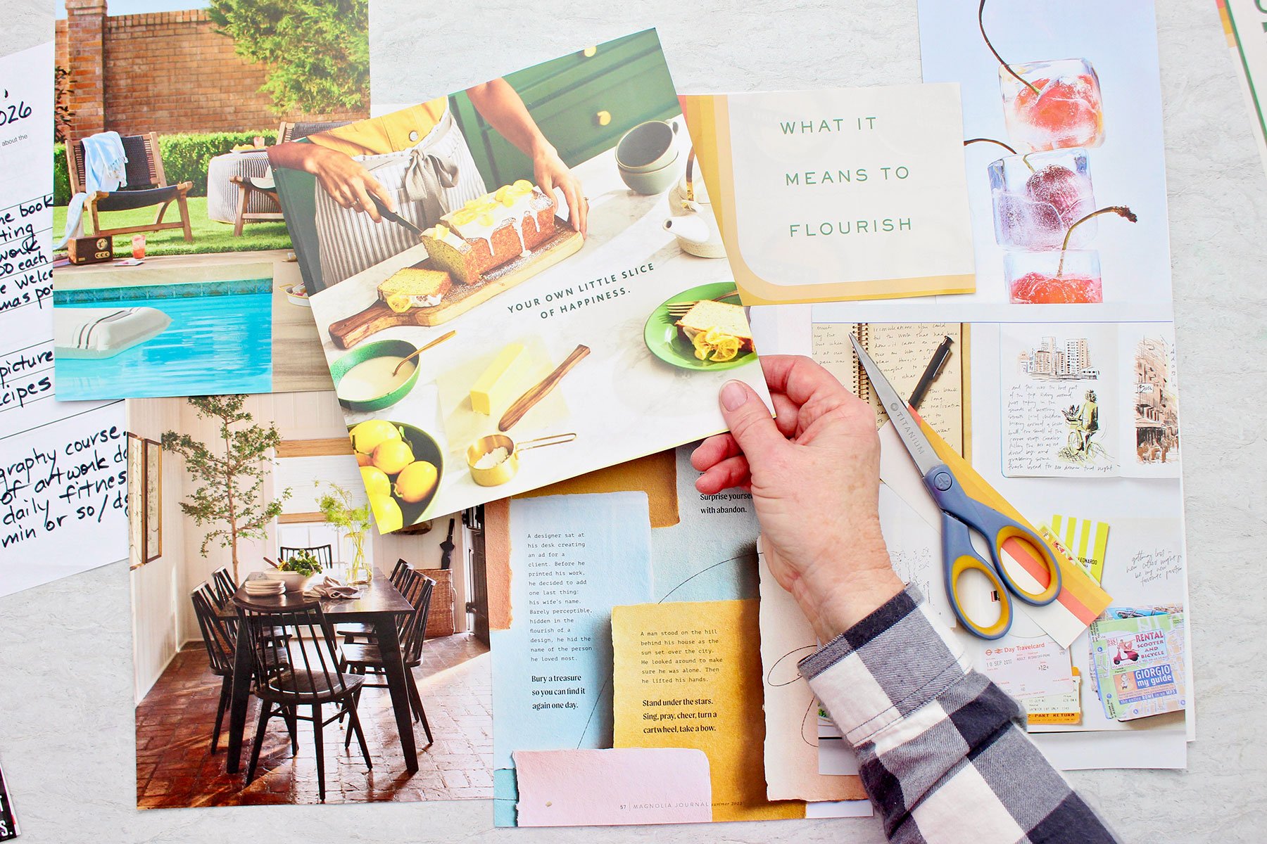 A person placing a magazine cut out of a lemon loaf and a quote on their vision board.