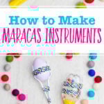 Images of completed maracas in three different designs with colorful pom poms near by.