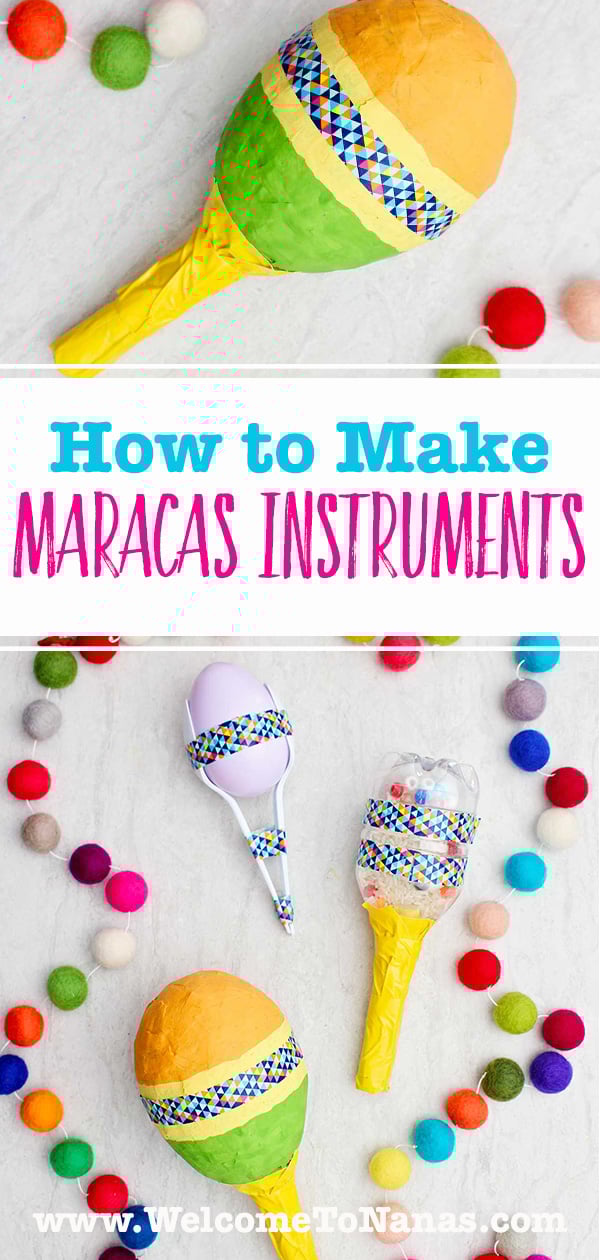 Images of completed maracas in three different designs with colorful pom poms near by.