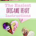Origami hearts made from different types of papers against a green background.