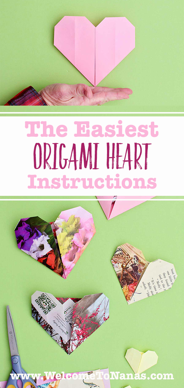 Origami hearts made from different types of papers against a green background.