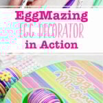 Images of two different designs of EggMazing kits with colored eggs inside.