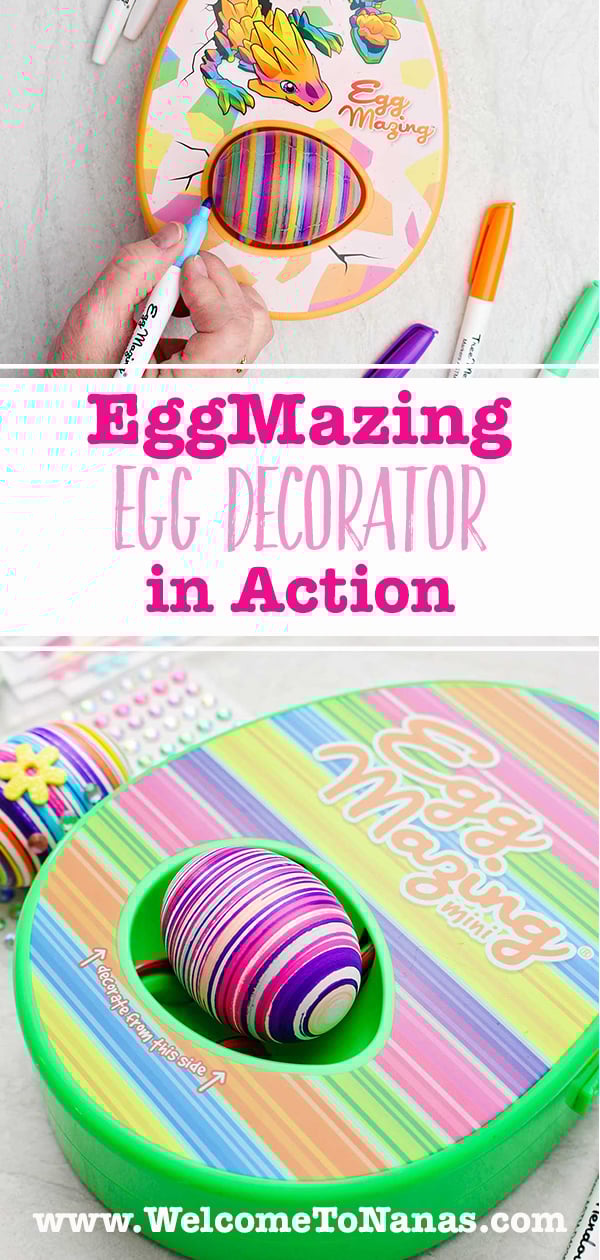 Images of two different designs of EggMazing kits with colored eggs inside.