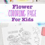 An image with a completed coloring page on a clip board of a vase full of wild flowers and an image with some blank coloring pages.