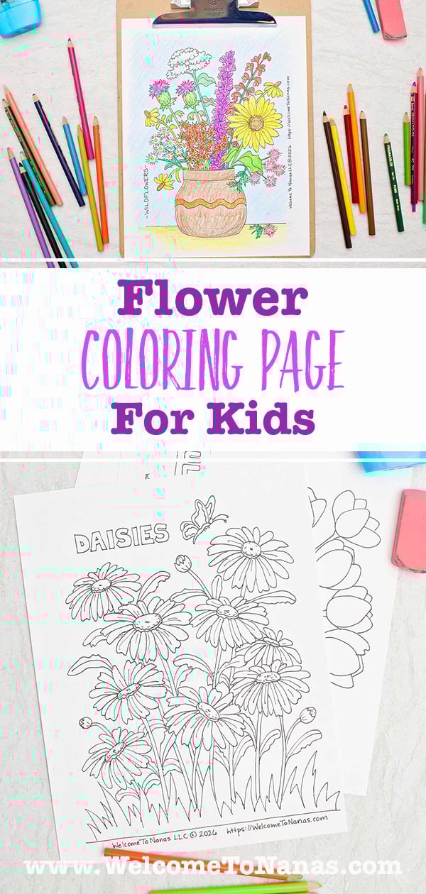 An image with a completed coloring page on a clip board of a vase full of wild flowers and an image with some blank coloring pages.