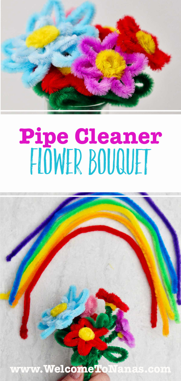 Pipe cleaner bouquets of flowers. One in a glass and one held by a person with a pipe cleaner rainbow above it.