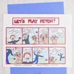 A completed comic book template with a story of a boy and a dog playing fetch outside together.