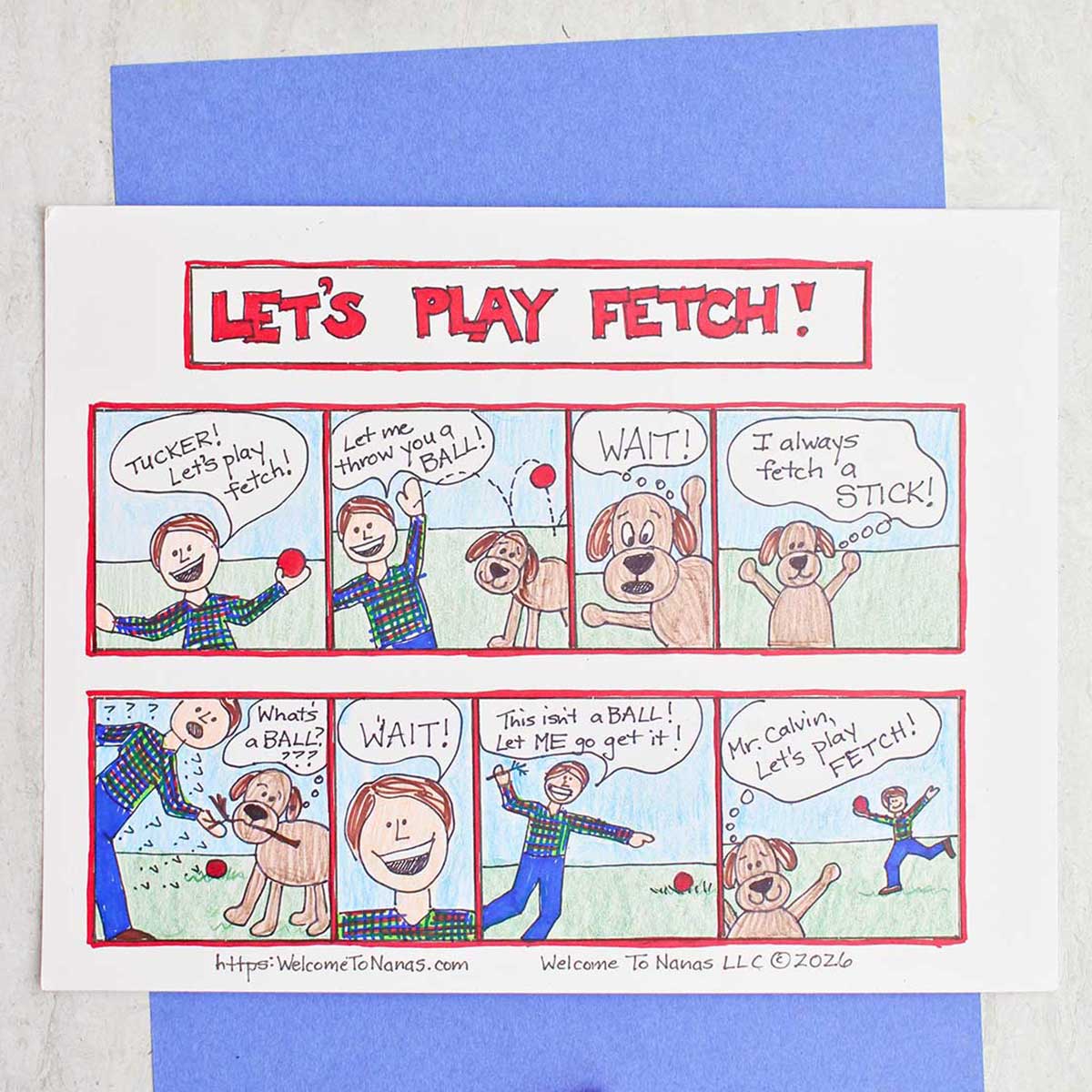 A completed comic book template with a story of a boy and a dog playing fetch outside together.