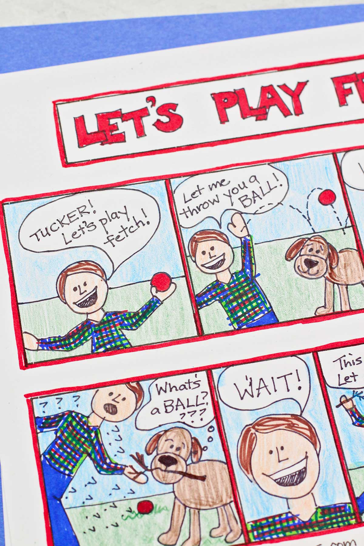 A close up of the left side of the comic strip story of a boy playing fetch with his dog.