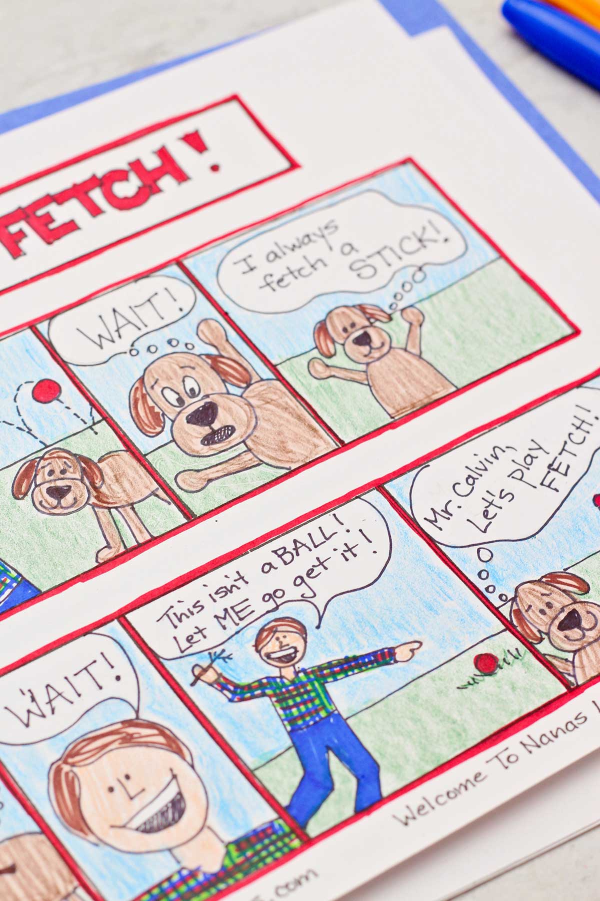 A close up of the right side of the comic strip story of a boy playing fetch with his dog.