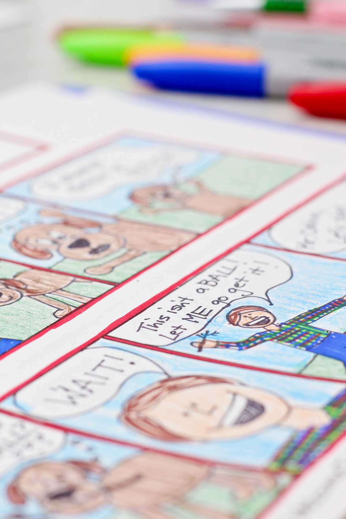 A close up of a block in the comic strip with a boy saying to his dog "This isn't a BALL! Let ME go get it!"