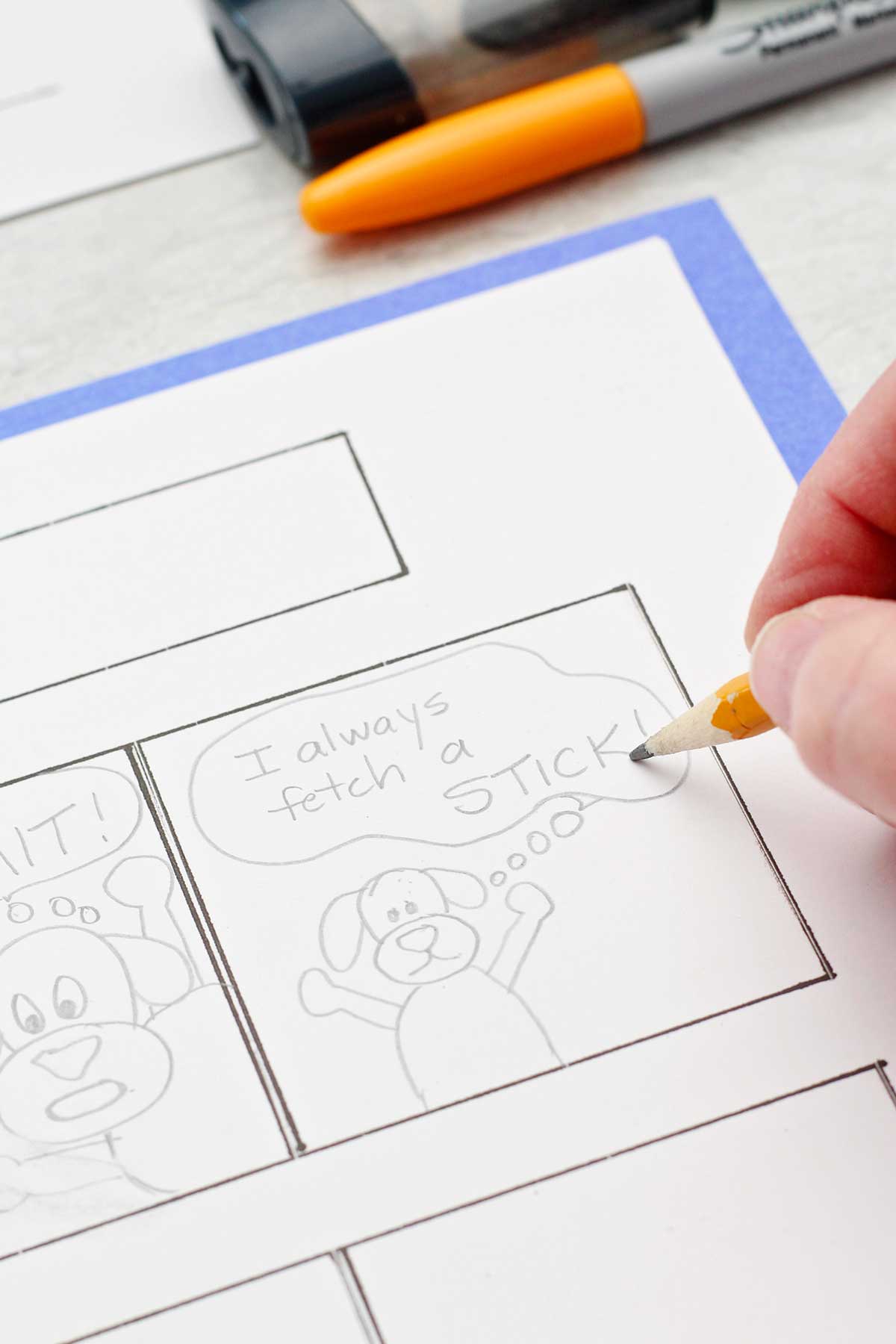 A close up of a comic strip block of a dog saying "I always fetch a stick!" drawn in pencil.