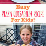 Two images, one with a girl holding a pizzadilla outside at a table and one of a close up of pizzadillas and baby carrots on a plate.