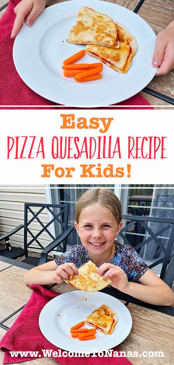 Two images, one with a girl holding a pizzadilla outside at a table and one of a close up of pizzadillas and baby carrots on a plate.