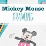 Two images of a Mickey Mouse sketch. One in pen and one colored in.