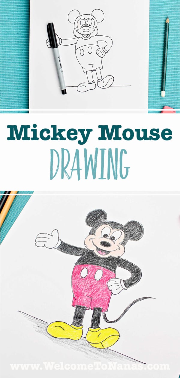 Two images of a Mickey Mouse sketch. One in pen and one colored in.