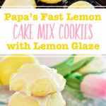 An image of a person glazing finished cookies on a drying rack and an image of stacked lemon cookies, one with a bite missing.