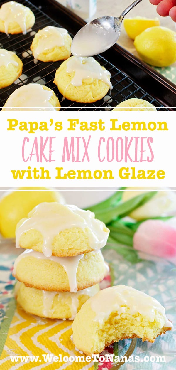 An image of a person glazing finished cookies on a drying rack and an image of stacked lemon cookies, one with a bite missing.
